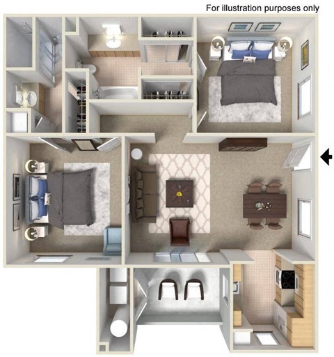 Floor plan for 2 beds, 2 baths, 1030 sqft